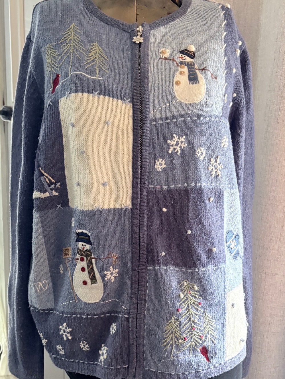 Croft & Barrow Snowman Winter Cardigan M Blue Embroidered Full Zip Christmas